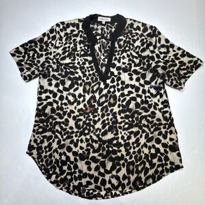Blouse Leopard Animal Print Tan Black M Wishful Park V-Neck Short Sleeve J2-1435